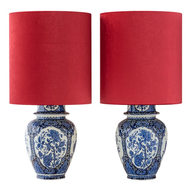Boch Frères Large Delft Blue Table Lamps, New Red Velvet Shades, Set of 2 For Sale