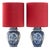 Boch Frères Large Delft Blue Table Lamps, New Red Velvet Shades, Set of 2 For Sale