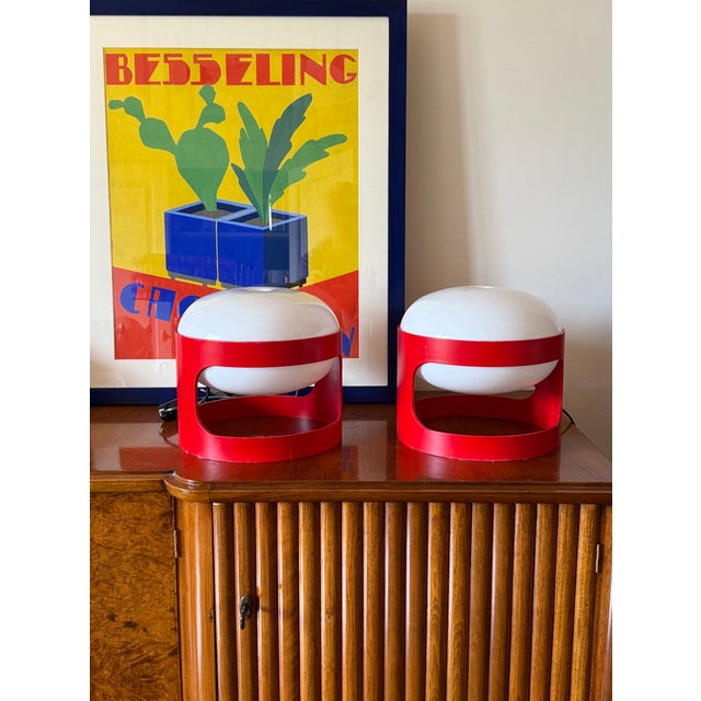 Space age set of 2 mod. KD27 red table lamps designed by Joe Colombo in 1967 Kartell, Italy 1970s H 24 × 26 cm diam....