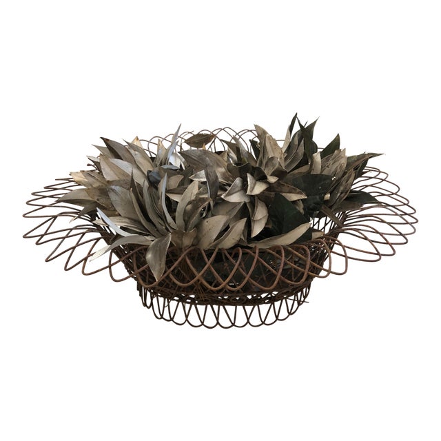 19th Century Wire Basket Planter With Decorative Tole Leaves