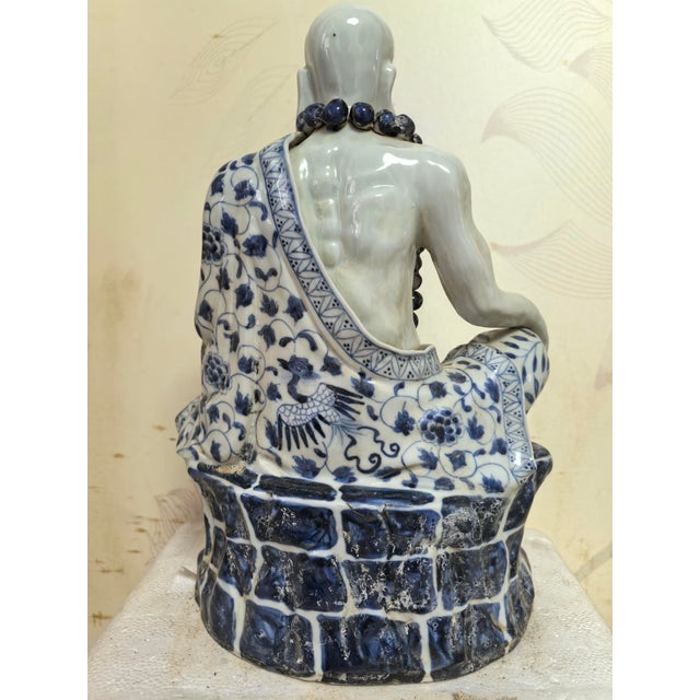 Chinese Vintage Ceramic Buddhist Sculpture,Hand Carved Blue and White Porcelain the Eighteen Arhats Statue For Sale - Image 9 of 10