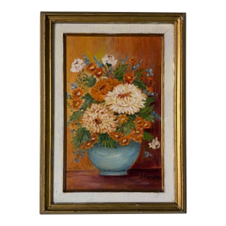 1980s Vintage J. Romero Floral Still Life Oil on Artist Board Painting, Gold Wood Framed For Sale