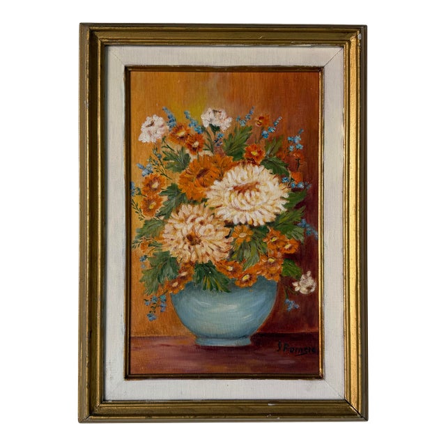1980s Vintage J. Romero Floral Still Life Oil on Artist Board Painting, Gold Wood Framed For Sale