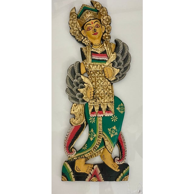 Folk Art Pair of 26-Inch Balinese Wood Statues, Hand-Carved and Painted Folk Art Figures For Sale - Image 3 of 8