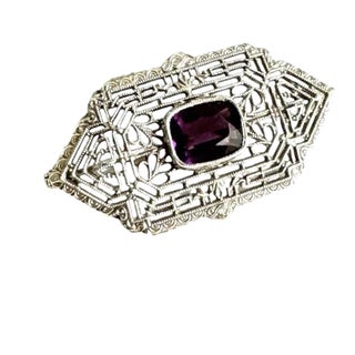 10k White Gold Art Deco Filigree Brooch Amethyst Antique Ornate Pin Estate Piece For Sale
