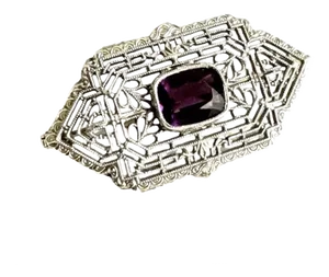10k White Gold Art Deco Filigree Brooch Amethyst Antique Ornate Pin Estate Piece
