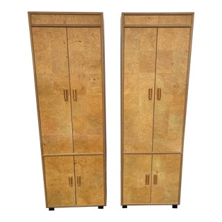 Mid Century Milo Baughman Style Olive Burl Wood Scene Two Hendredon Tower Wardrobe a Pair For Sale