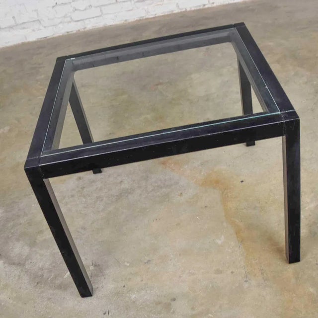 Black Vintage Modern Blackened Oak Square Parsons Style Side Table With Glass Top For Sale - Image 8 of 13