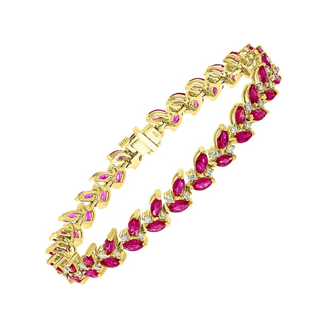 12 Carat Natural Marquise Ruby and Diamond Tennis Bracelet 14 Karat Yellow Gold For Sale - Image 10 of 18