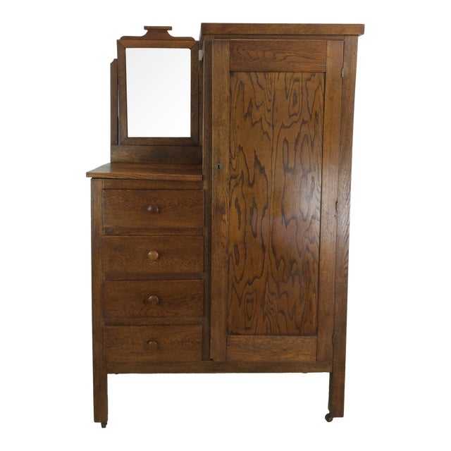 Antique Oak Side by Side Armoire With Mirror For Sale