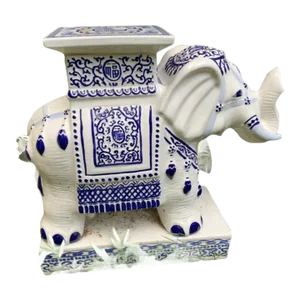 Vintage Chinoiserie Blue & White Porcelain Elephant Side Table/Garden Stool