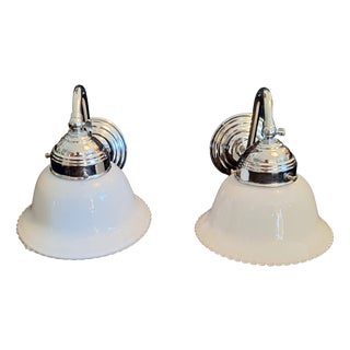Vintage Wall Lamps with Chrome-Plated Metal Frame and White Glass Shade, 2001, Set of 2 For Sale