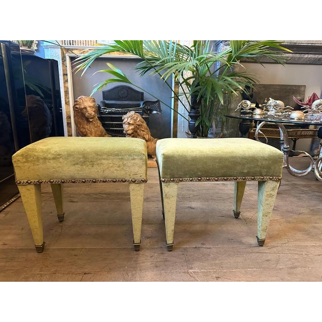 Gold Mid-Century French Green Velvet and Brass Ottomans, 1950, Set of 2 For Sale - Image 8 of 10