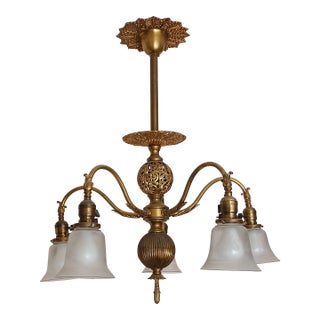 Antique Steuben Style Brass 5-Armed Chandelier For Sale