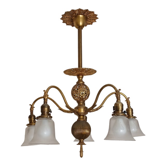 Antique Steuben Style Brass 5-Armed Chandelier For Sale