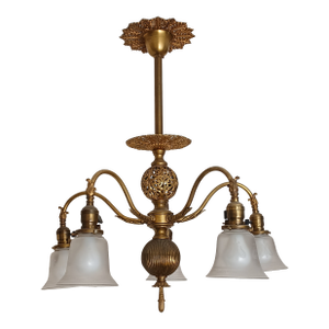 Antique Steuben Style Brass 5-Armed Chandelier