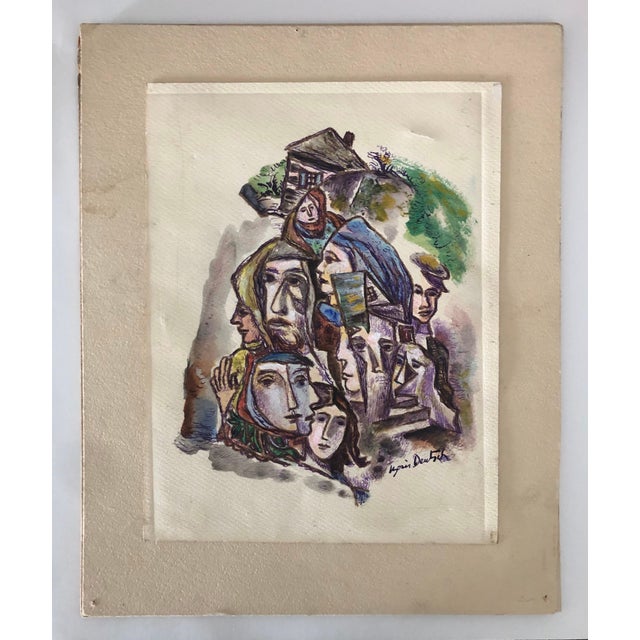 Early 20th Century Boris Deutsch, Abstract Houses and Faces Ink Drawing and Watercolor Painting Shtetl Judaica For Sale - Image 5 of 5