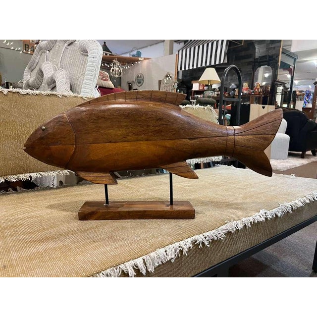 2020s Hand-Carved Wooden Fish Sculpture on Stand For Sale - Image 5 of 6