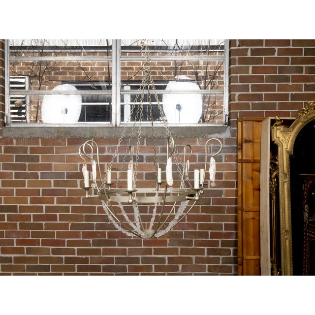 Vintage Rock Crystal, Oyster and Steel Basket Six-Light Chandelier, US Wired For Sale - Image 10 of 12