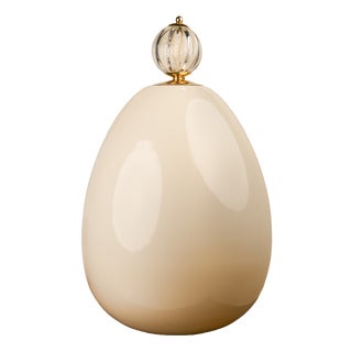 Ovo Table Lamp in Cream Opal Glass with Cut Crystal and Brass Finial, 1980s For Sale