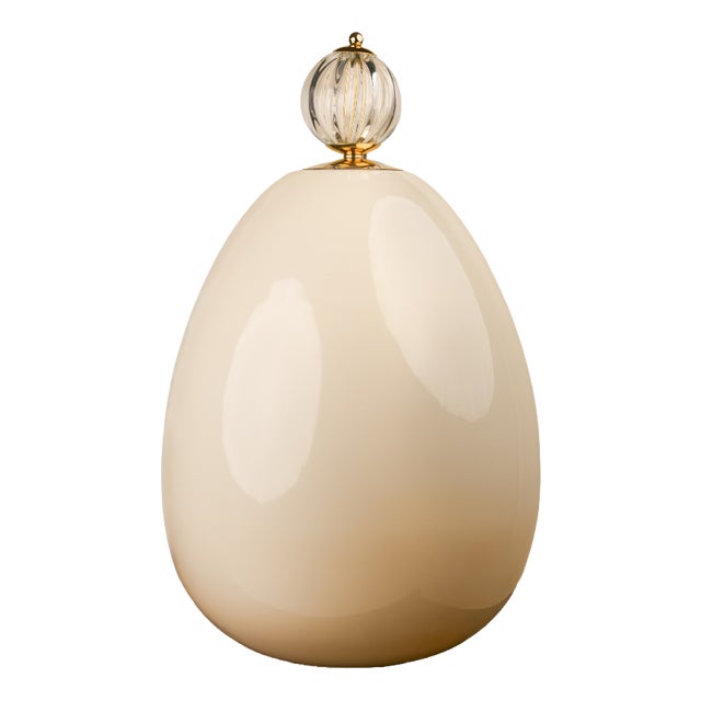 Ovo Table Lamp in Cream Opal Glass with Cut Crystal and Brass Finial, 1980s For Sale