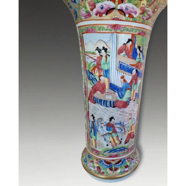 19th Century Antique Chinese Qing Dynasty Rose Mandarin Porcelain Trumpet Vase, 1830 For Sale - Image 5 of 10