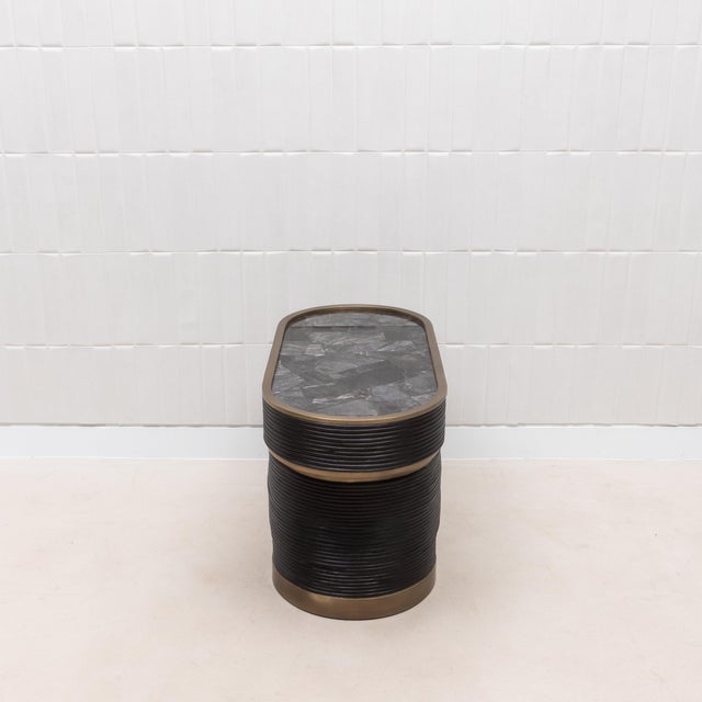 Wood Side Table in Black Quartz and Rattan With Bronze Patina Brass by R&y Augousti For Sale - Image 7 of 11