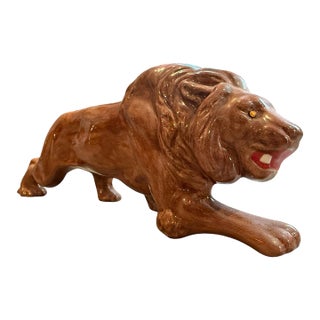 Vintage Glazed Ceramic Lion Sculpture, Reclining Big Cat For Sale