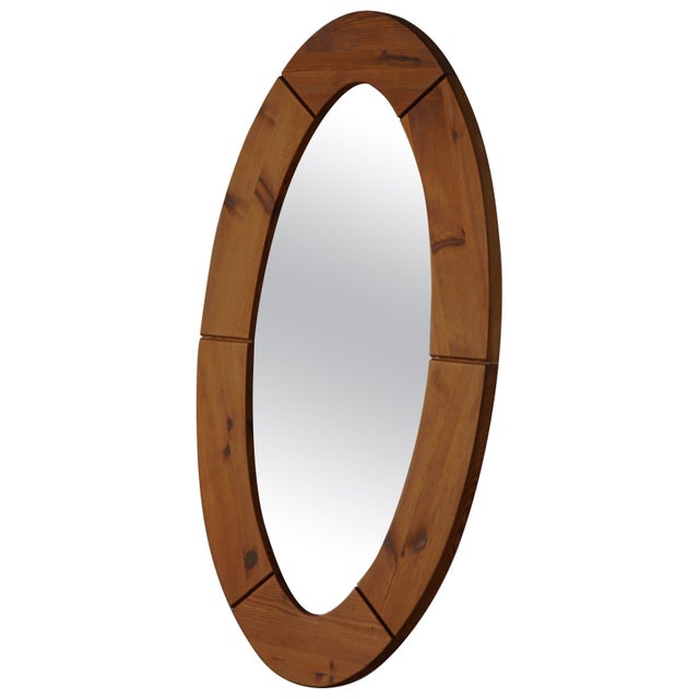 Large Oval Wall Mirror in Pine by Glasmäster Markaryd, Sweden, 1960s For Sale - Image 17 of 17