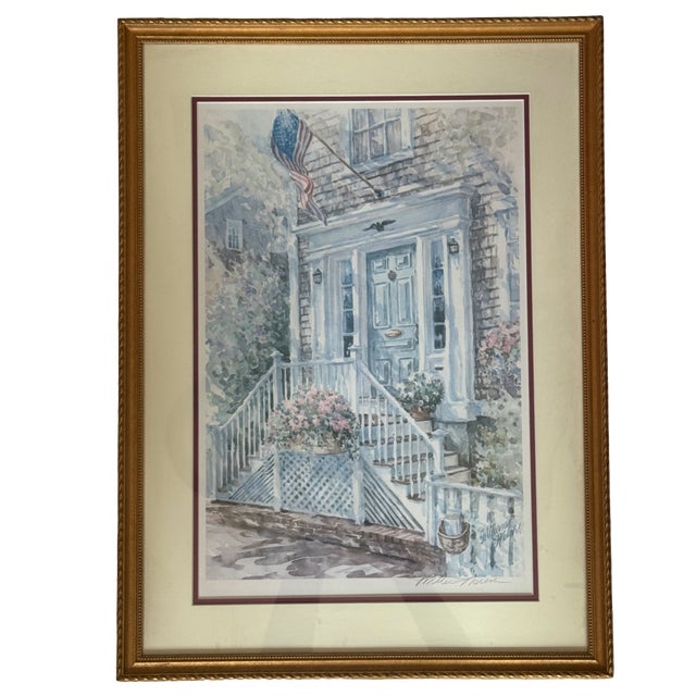 1980s William Welch "Nantucket Doorway" Signed & Framed Watercolor Print For Sale