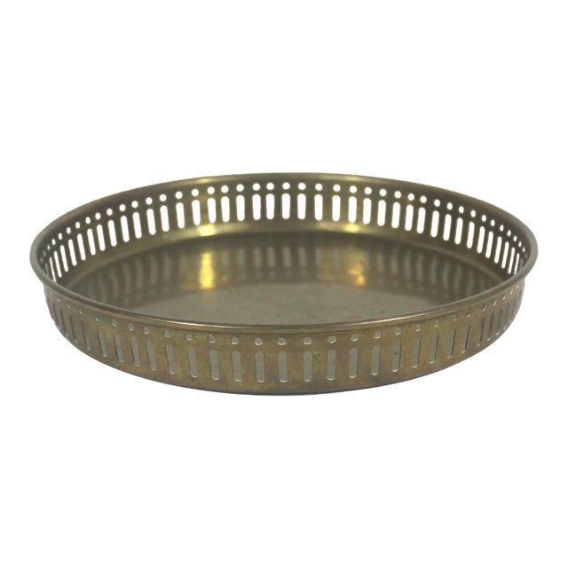 Vintage Brass Tray, Round Gallery With Pierced Cutout Details 8” Bar Drinks For Sale