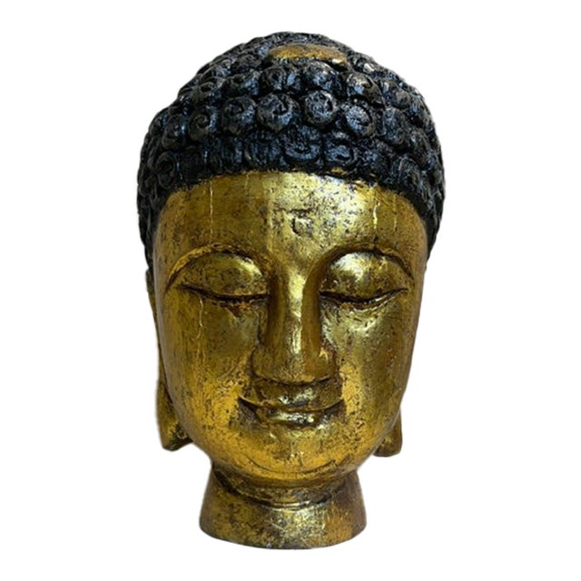 Large Gilt Wood Chinese Buddha Head For Sale