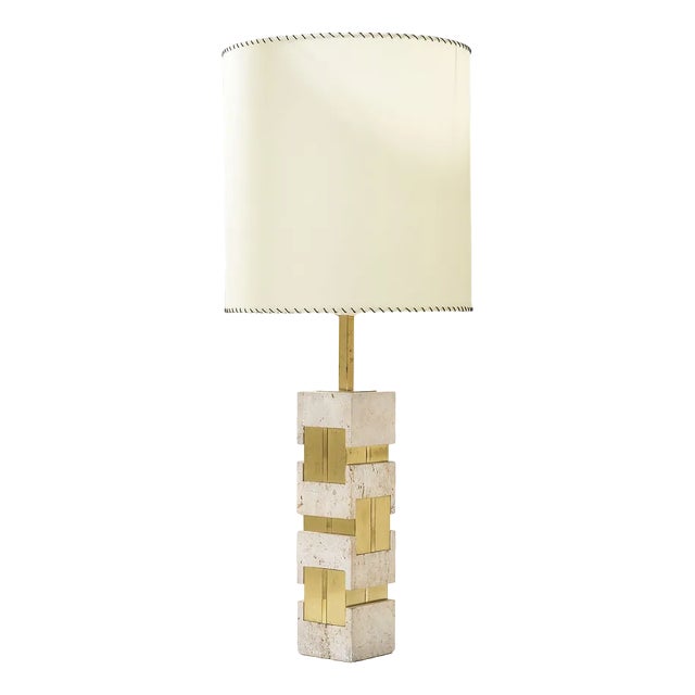 Table Lamp in Travertine and Brass by Gaetano Sciolari, 1970s For Sale