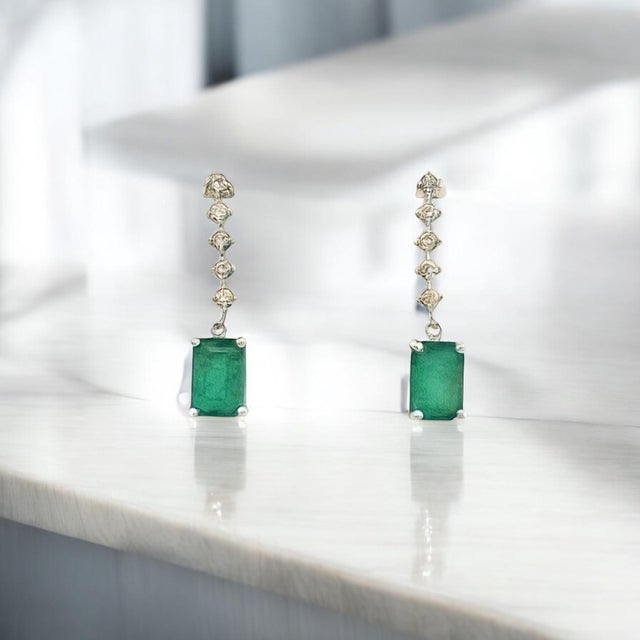Green Natural Emerald Diamond Dangle Earrings 14k W Gold 3 TCW Certified For Sale - Image 8 of 10