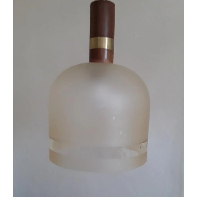 German Vintage Ceiling Lamp from the 1970s with Brass -Placed Beech Wood Mounting for Slightly Tinted, Slightly Lüstring Glass Shade from Temde For Sale - Image 4 of 6