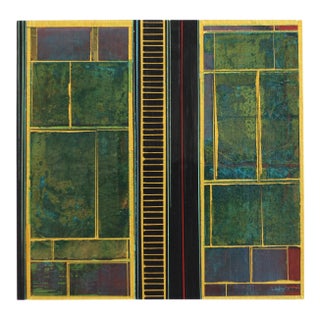 Fields No. 8 - Original Green and Gold Geometric Mixed Media Acrylic Painting on Wood Panel For Sale