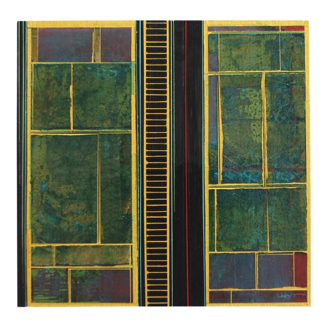 Fields No. 8 - Original Green and Gold Geometric Mixed Media Acrylic Painting on Wood Panel For Sale