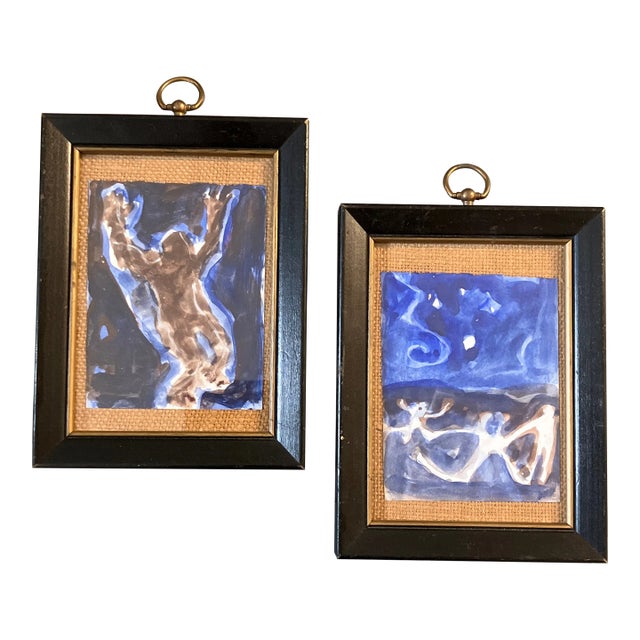 1970s Original 2 Dancing Figures Abstract Water Color Paintings- Set of 2 For Sale