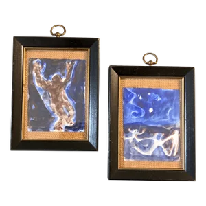 1970s Original 2 Dancing Figures Abstract Water Color Paintings- Set of 2