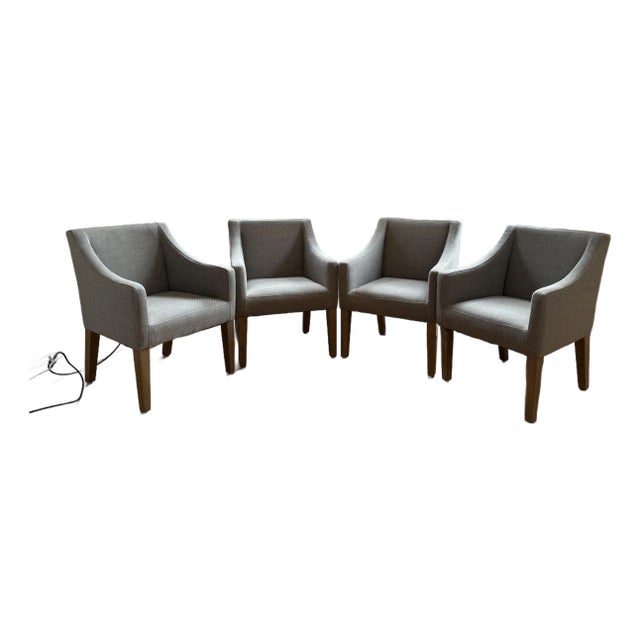 Practically New Set of 4 Pottery Barn Slope Arm Dining Chairs Gray W/ Seadrift Legs For Sale