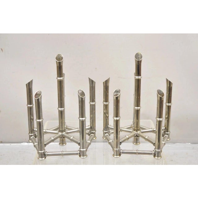 Vintage Hollywood Regency Silver Plated Chrome Faux Bamboo Candlesticks - a Pair. Item features 6 candle holders, faux...