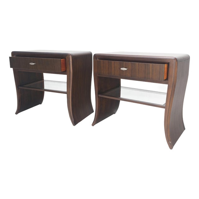 Pair Century Walnut Waterfall Brand New Old Stock Two Tier Night Tables Stands For Sale