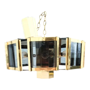 Vintage Mid Century Modern Gold Brass Black Glass Octagon Chandelier Pendant Fixture