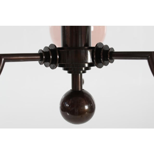 Danish Art Deco 3-Armed Chandelier in Patinated Brass with Light Rose Glass Shades from Lyfa, 1930s For Sale - Image 12 of 18