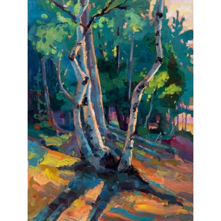 Presque Isle (Day 97) June 24, 2023 by Primary Hughes | Oil Painting of birch trees in a forest setting For Sale