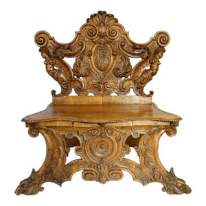19th Century Antique Italian Carved Walnut Bench by Valentino Besarel Ca 1870