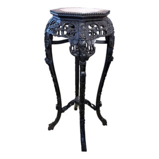 19th Century Chinese Rosewood Carved Tall Pedestal Stand Table Marble Top35.5" H For Sale