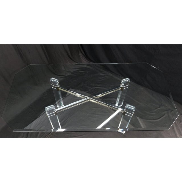 Chrome and brass Lucite base table octagonal beveled glass top dining conference table.