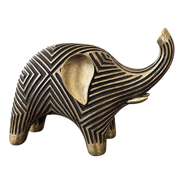 Vintage Carved Wood Elephant Sculpture 10” Geometric Tribal Boho Decor For Sale