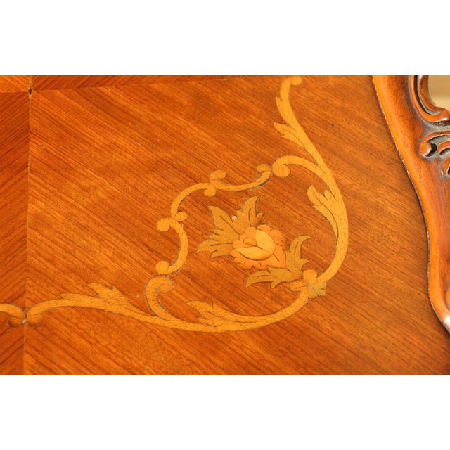 Pair of Louis XV Style Marquetry Side Tables/End Tables | French Rococo Revival Carved Wood For Sale - Image 13 of 18